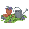 GADEN TOOLS AND POTS OF FLOWERS